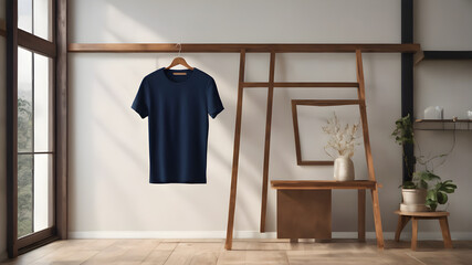 Fototapeta na wymiar Neavy blue cotton t-shirt, hanging using brown wood colore hanger 