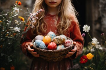 Fototapeta na wymiar Happy child holds basket filled with colorful easter eggs, easter egg hunt image