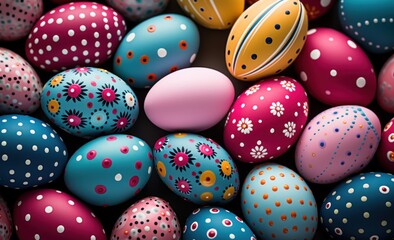 Fototapeta na wymiar Vibrant easter eggs displayed against a pure plan backdrop, easter eggs image