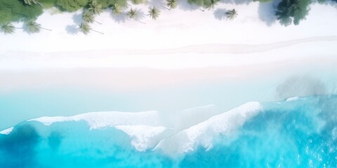 Aerial top view of white sand beach and blue sea with palm trees on a clear sky day. For the vacation banner concept