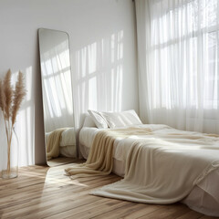 Morning in stylish bedroom in simple minimalist interior