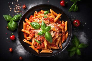 Top view of classic Italian penne pasta arrabbiata with basil and parmesan cheese on dark table