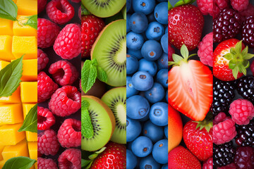 Collection of fruits and vegetables fruit collage background with berries and grapes. Variety of...