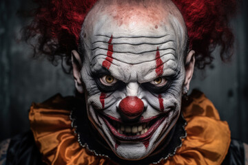 Closeup photo of evil clown on dark background