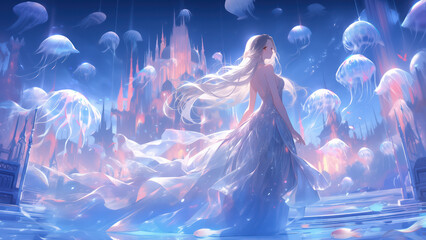 Female character in a fantasy world with flying jellyfish - obrazy, fototapety, plakaty