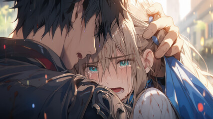 Man hugging and taking care of his sad girlfriend - Anime characters