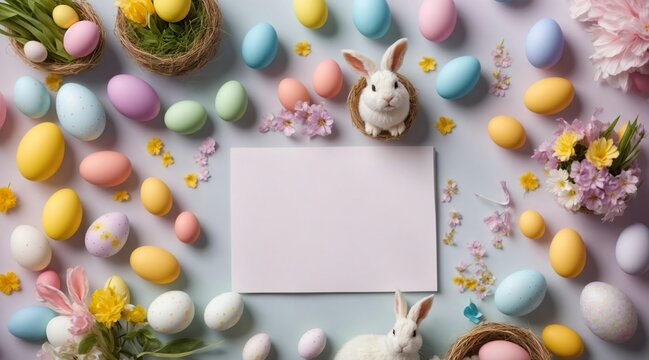 Easter promotion picture showing easter bunnies and easter eggs with a blank paper or Polaroid in the middle. Easter advertising or announcement background. Generative AI.