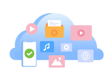 Cloud system, file download, database protection concept, data center, file management, flat illustration vector banner