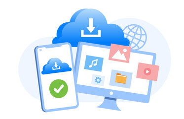 Cloud system, file download, database protection concept, data center, file management, flat illustration vector banner