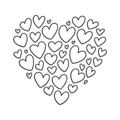 Black and white vector drawing of a heart formed from many hearts.