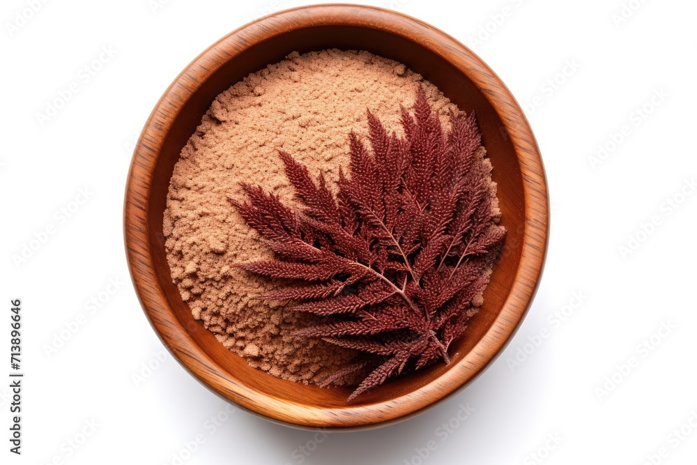 Poster above a close up image of sumac food in a white ceramic bowl isolated from the background