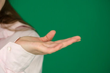 Hand white expression of emotions with hands unrecognizable people hands palms fingers close-up. on green background chromakey feelings