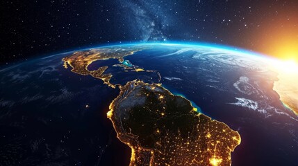 Fototapeta na wymiar Top view of a night planet Earth with glowing city lights. America