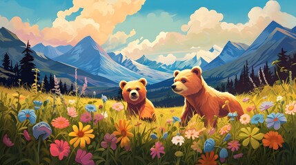 Playful Bear Cubs: Dive into a vibrant North American meadow as bear cubs of various colors embark on an adorable and lively adventure. Discover the magic on Adobe Stock