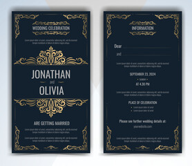 Card template luxury Wedding invitation, RSVP, save the date with golden Swirls in victorian style