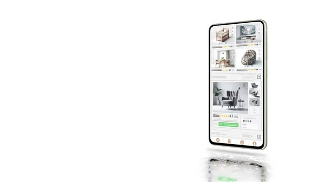 Furniture website animation. E-commerce and shopping products. Household goods sales webpage. Phone mockup.