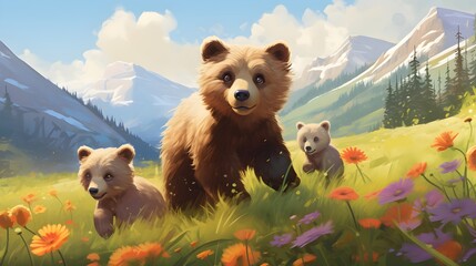 Playful Bear Cubs: Dive into a vibrant North American meadow as bear cubs of various colors embark on an adorable and lively adventure. Discover the magic on Adobe Stock