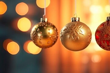 golden christmas balls on red background