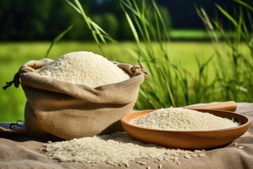 Fototapeta na wymiar White rice in burlap sack on table near green field with scoop