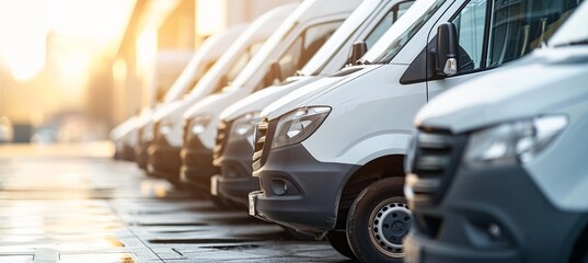 Row of white commercial delivery vans for transporting services with copy space for text placement - obrazy, fototapety, plakaty