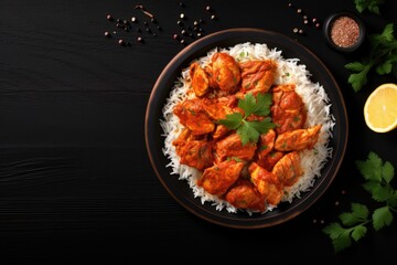 Top view of a bowl with Indian Butter chicken and basmati rice on black background providing space for text Traditional Indian dish Indian cuisine concept