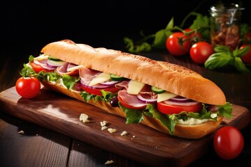 Cheesy ham and tomato baguette with veggies