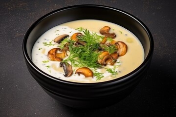 Thyme, sour cream, and fried champignons over mushroom soup in a deep black bowl on grey concrete surface.