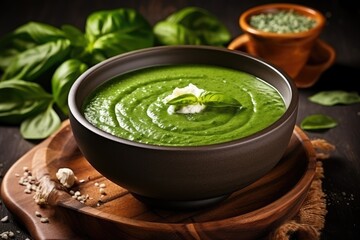 Spinach soup in a bowl on the table, tasting delicious.
