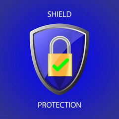 Blue shield protection icon. padlock with lock and green check. Security for online protection against cybercrime and hackers.