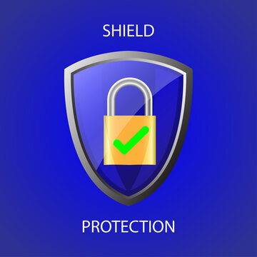 Blue shield protection icon. padlock with lock and green check. Security for online protection against cybercrime and hackers.