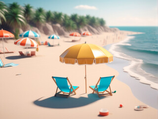 Beach chair and umbrella on the beach. 3d rendering.