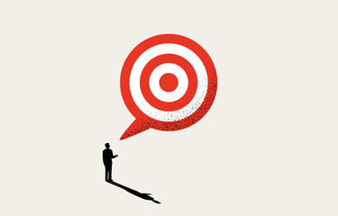 Setting business goal, thinking about purpose of project concept, businessman standing with target thought bubble, vector illustration.  