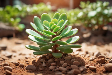 Fototapeta premium Jade plant growing in soil outdoor