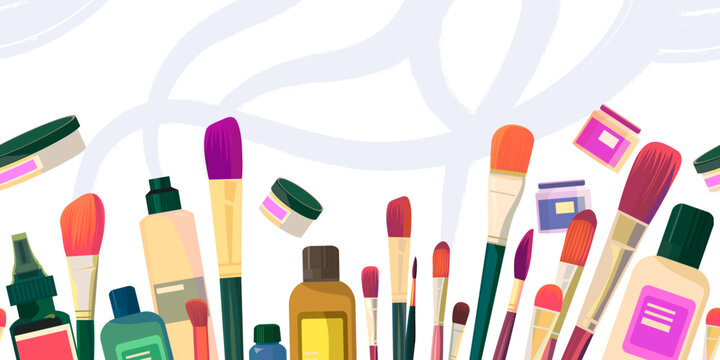 Horizontal seamless pattern with art materials with brushes, jars of acrylic paint, art supplies for painting and drawing on a light background