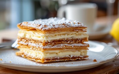 mille feuille with cream on a plate