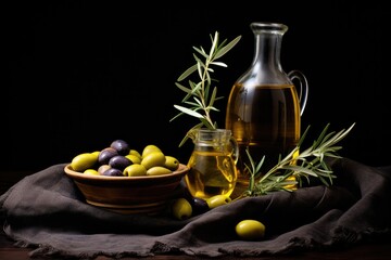 Olive oil and olive branch black background