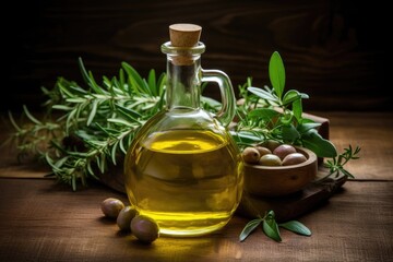 Herbs infuse olive oil on wood