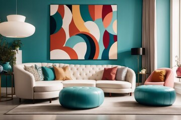 Interior home design of modern living room with curved sofa and abstract colorful art poster on blue wall