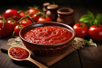 Tomato paste and fresh tomatoes served in a traditional Turkish style on a wooden table emphasizing a healthy homemade dish