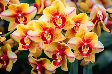 A photo of red and yellow orchid flowers up close. - Powered by Adobe