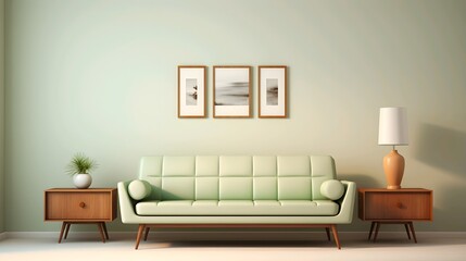 Modern living room interior with green sofa, side tables, lamp, and wall art on a pastel green wall.