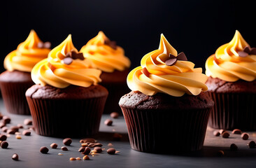 Chocolate muffins, cupcakes with orange cream decorated with chocolate, dark background