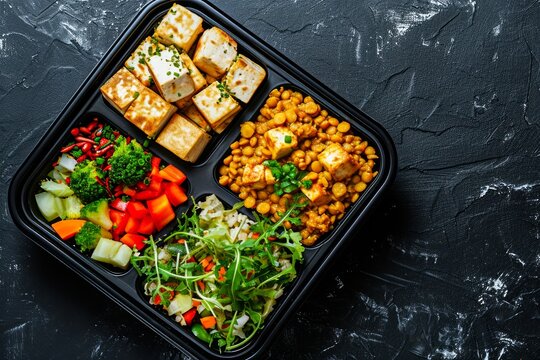 A tempting array of prepackaged cuisine, featuring a variety of food groups and fresh ingredients, awaits in a sleek black tray for a satisfying takeout lunch