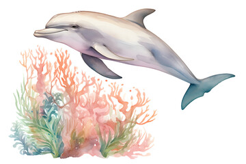 Watercolor dolphins gracefully leap across the clear water. surrounded by the ocean's vibrant marine life captured on a stunning isolated white background.