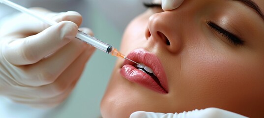 Experienced aesthetic doctor enhancing woman s lips with injection, ample text space - obrazy, fototapety, plakaty