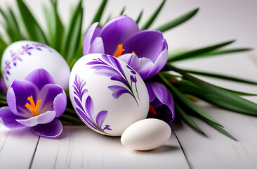 Spring composition with purple crocus flowers and easter eggs, Happy easter concept