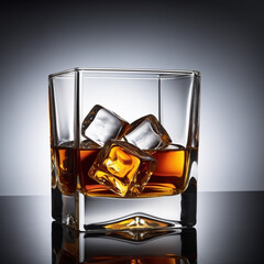 Whiskey in Elegant Glass with Ice Cubes on Dark