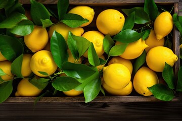 Lemon tree with yellow lemons and leaves on wooden background from above