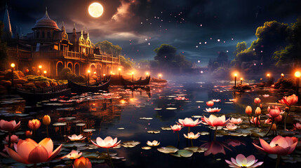 Fototapeta premium Journey into a fantasy landscape with misty canals and enchanting architecture. Discover the magic of a European town that feels straight out of a fairytale