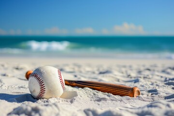 baseball and a bat lying on the sandy beach with the ocean and sky in the background